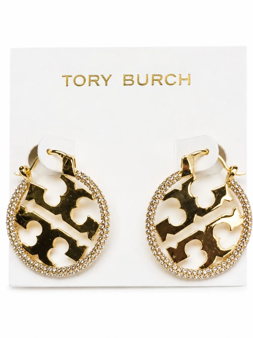 Tory Burch Crystal Logo Drop Hoop Earrings – Gold Tone